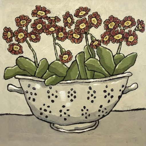 movement and texture with a muted colour palette. Still Life drawer of Crooked Pots and Flowers and Everyday Objects. Working in Oil. Jane Hooper, Auricula. 40cmx40cm, £1000