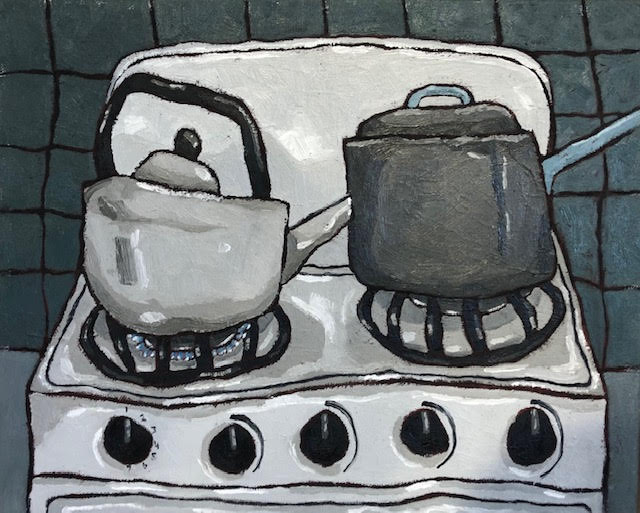 movement and texture with a muted colour palette. Still Life drawer of Crooked Pots and Flowers and Everyday Objects. Working in Oil. Jane Hooper, Oven I, 40cmx50cm, £1250