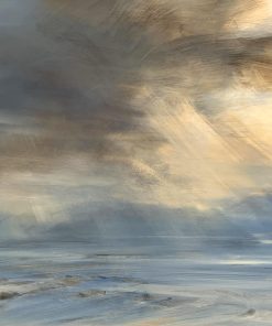 Landscape Artist working in oils. Scottish Artist Painting Light and darkness within a space. Changing Light and Skies. Zarina Stewart Clark, Low Shore - Towards Skye from Applecross ,Oil on Panel. 70 x 110 cm (unframed Panel)
