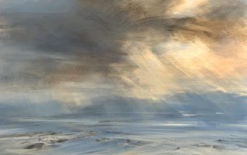 Landscape Artist working in oils. Scottish Artist Painting Light and darkness within a space. Changing Light and Skies. Zarina Stewart Clark, Low Shore - Towards Skye from Applecross ,Oil on Panel. 70 x 110 cm (unframed Panel)