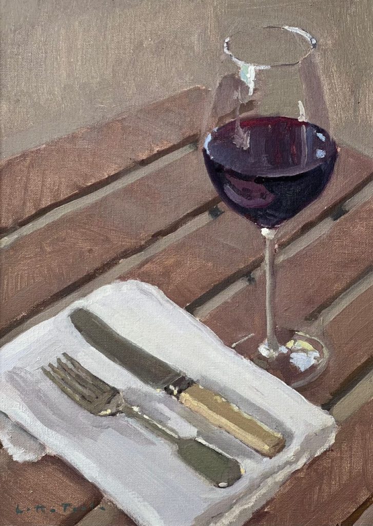 Lotta Teal Red Wine with Cutlery Oil on Board 37 x 47cm (framed Size) £685