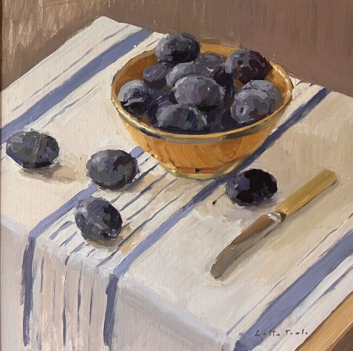 Lotta Teal, Plums on Blue Striped Table Cloth 1